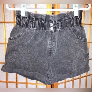 Currently not for sale: Black Denim Paperbag Waist Shorts
